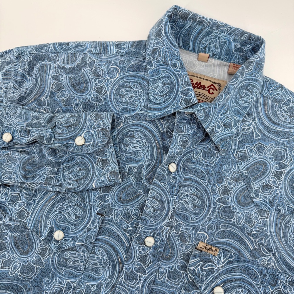 Rafter C Cowboy Collection Men Long Sleeve Paisley Pearl Snap blue‎ Shirt Medium
